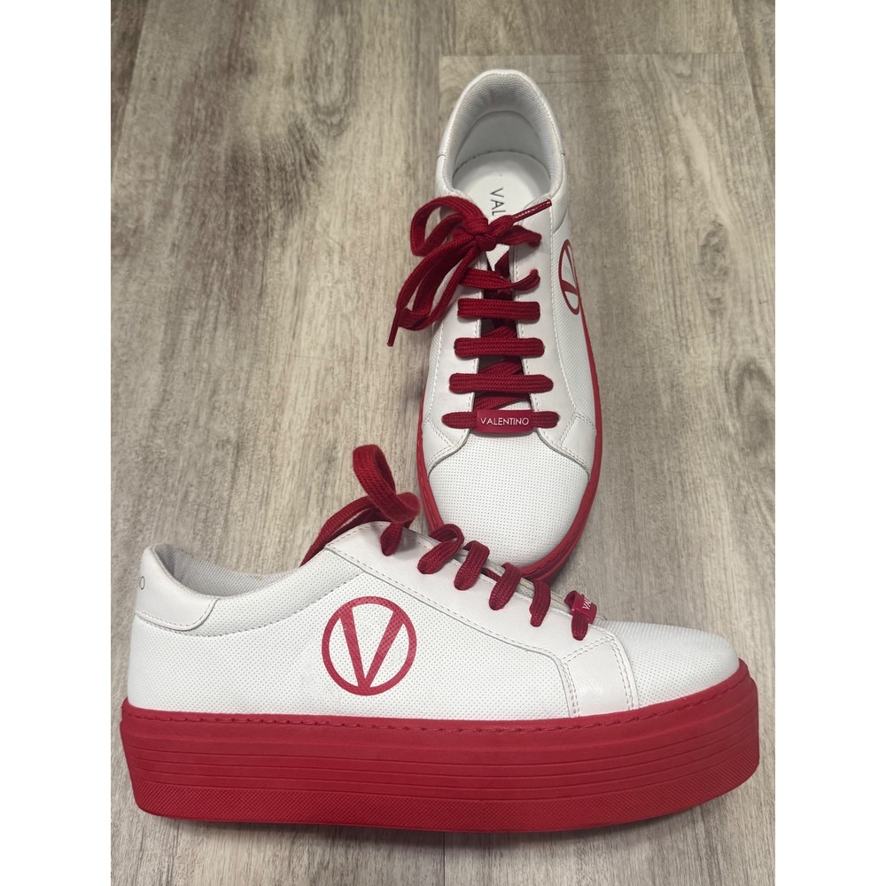 Valentino Garavani White Red Perforated Leather Platform V Logo Sneaker women 10